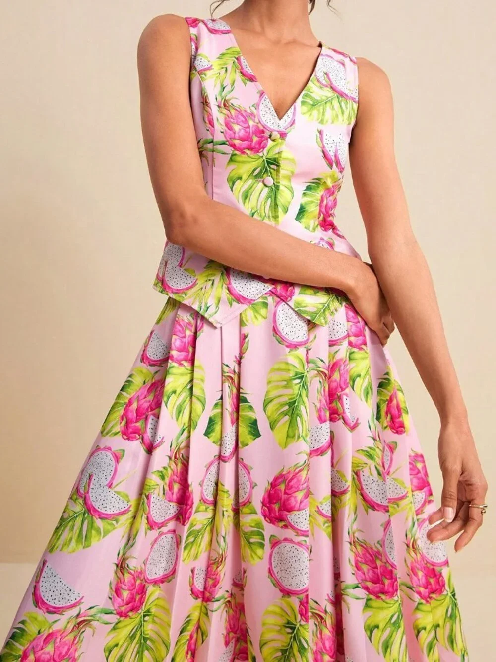 Pink Boho Women's Dragonfruit Tropical V-Neck Sleeveless Top & Skirt 2-Piece Set